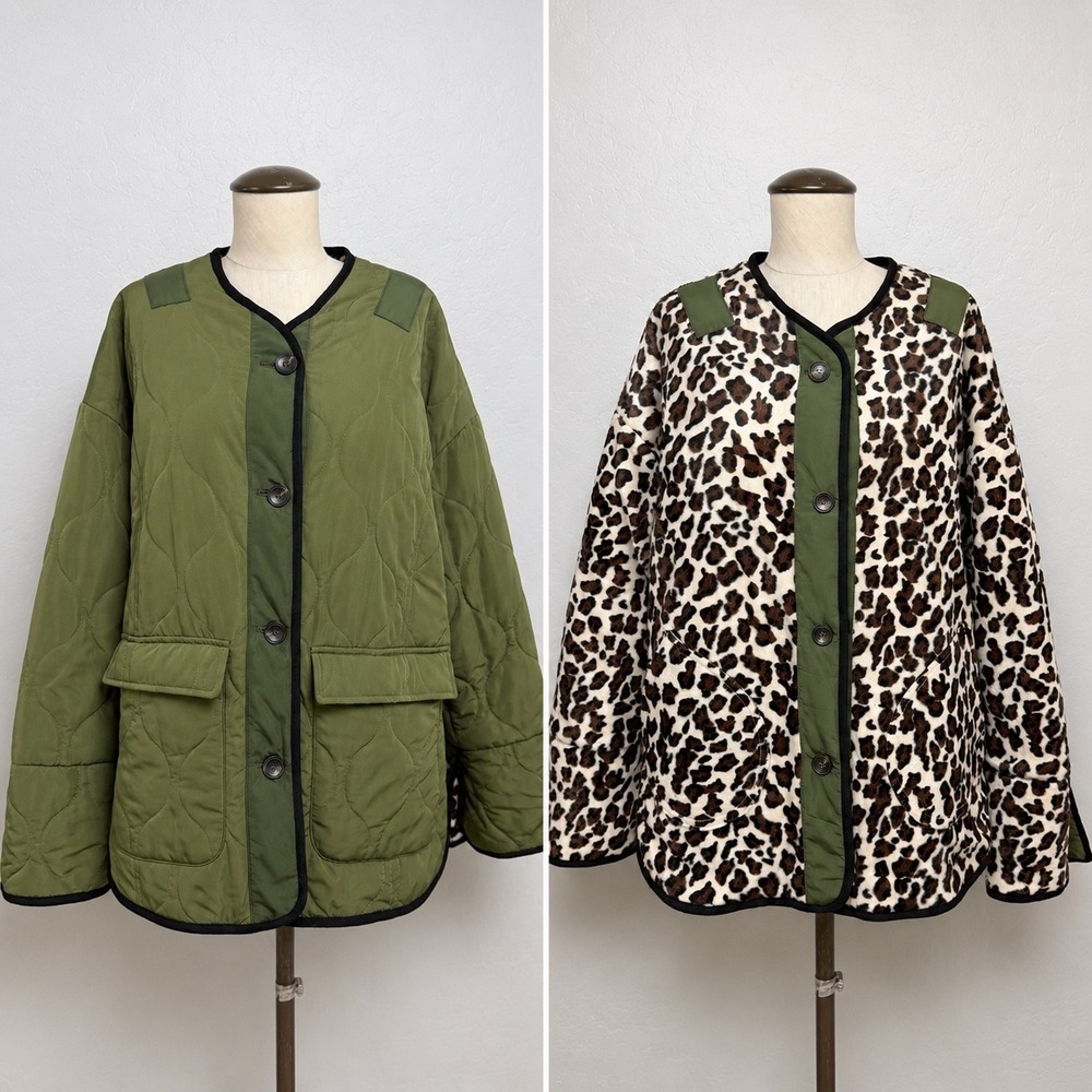 NEW English factory Reversible Quilted Jacket M/L Green Leopard Print Faux Fur